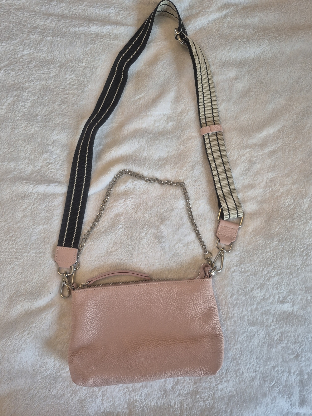 Blush Pink Pebbled Leather Crossbody with Removable Striped Strap